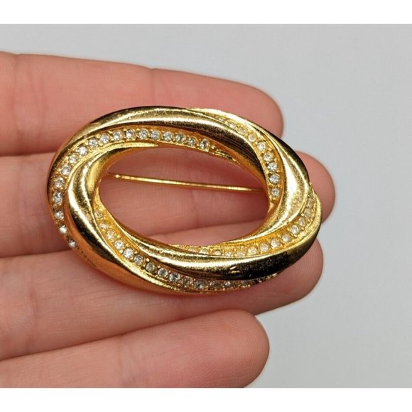 Christian Dior Signed Gold Tone Clear Rhinestone Open Oval Vintage Pin Brooch - Picture 2 of 9